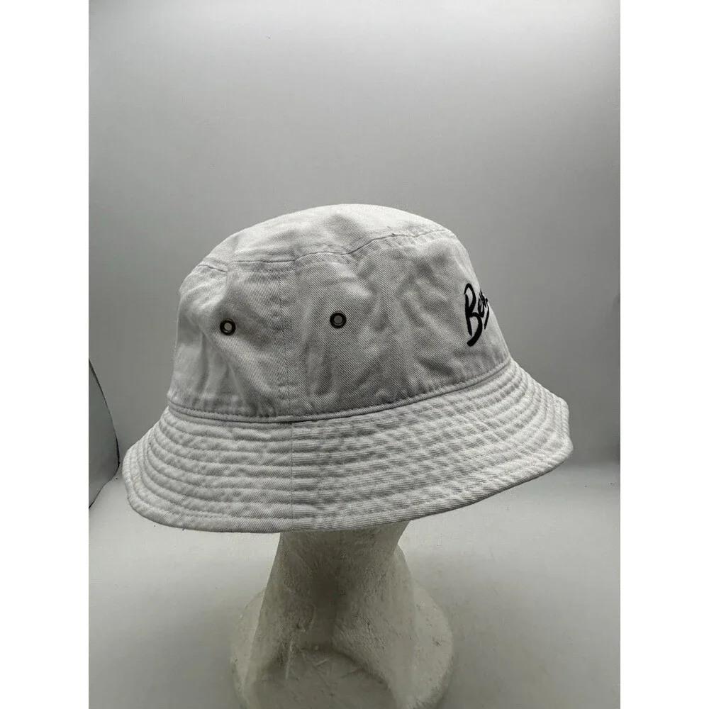 Bernies White Bucket Hat Newhattan Embroidered Script Logo Cotton Sun Cap SM
